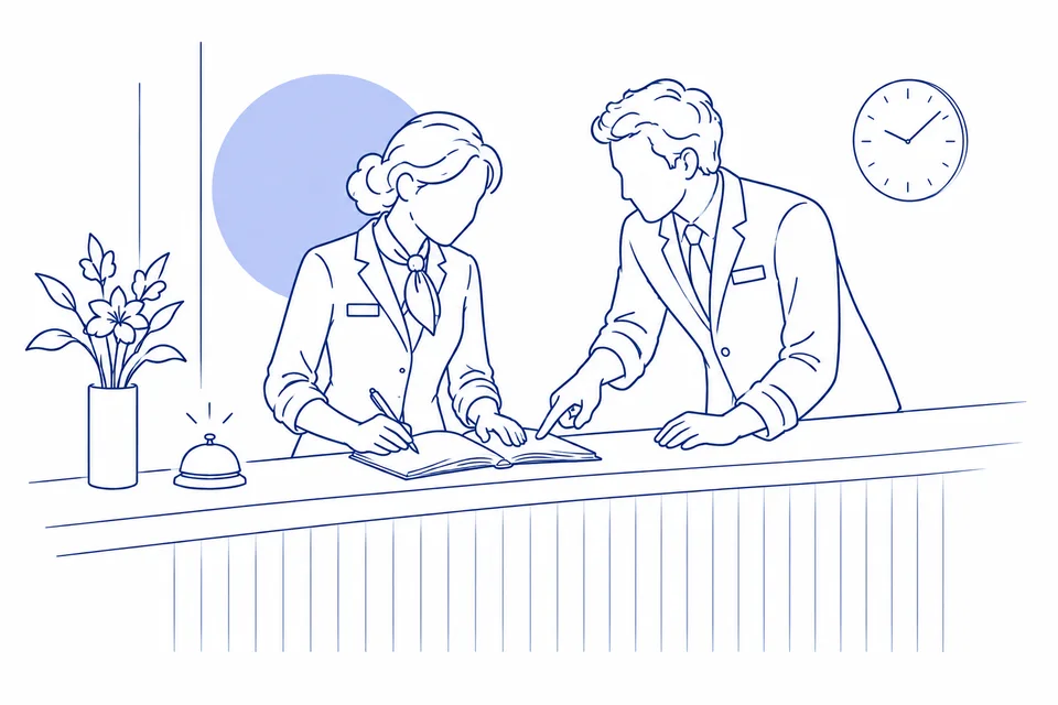 Line illustration of two front desk colleagues reviewing a planner to prepare the day’s tasks