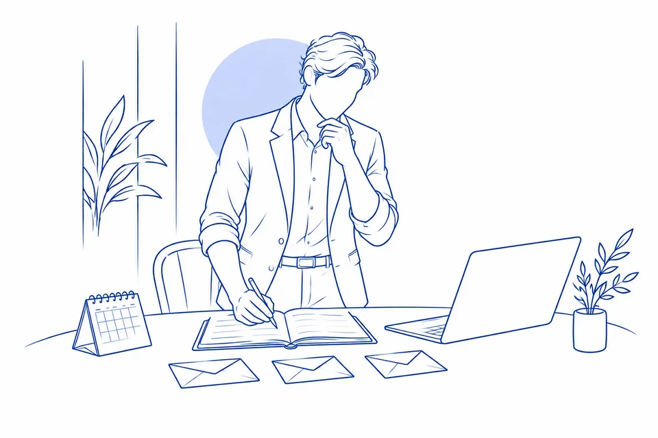 Ilustración lineal de un profesional del hotel que planifica una secuencia de comunicaciones con una agenda, un calendario y varios sobres