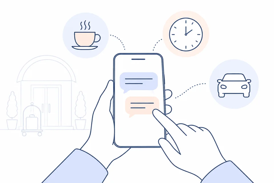 Mains tenant un smartphone et symboles des questions sur le petit-déjeuner, les horaires et le parking
