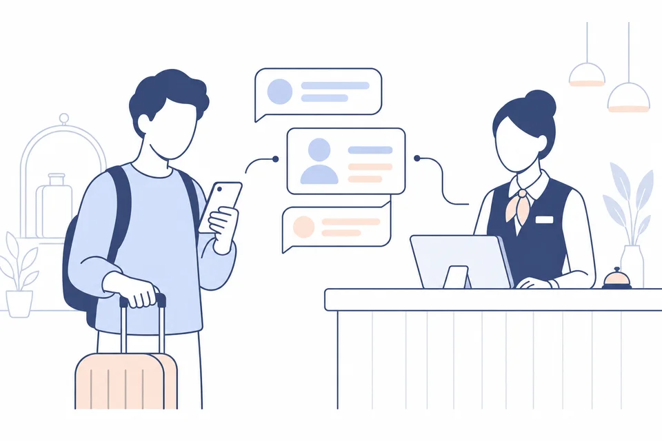 Ospite con smartphone e receptionist collegati da una conversazione e una scheda contatto