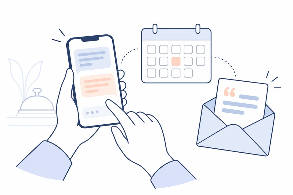 Hands holding a phone, a calendar and an email envelope with a quote