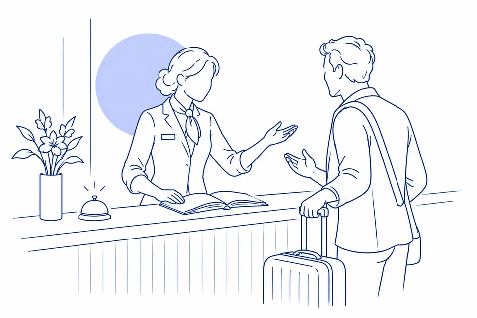 Ilustración lineal de una recepcionista que da la bienvenida a un huésped que regresa con su maleta