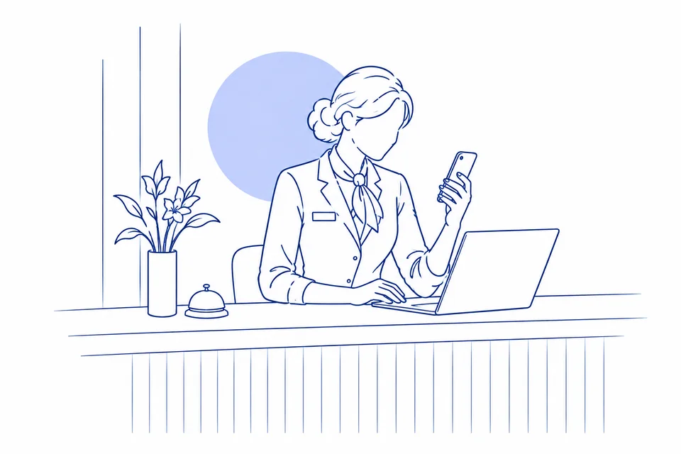 Ilustración lineal de una recepcionista que utiliza ordenador y móvil para seguir la comunicación con un huésped