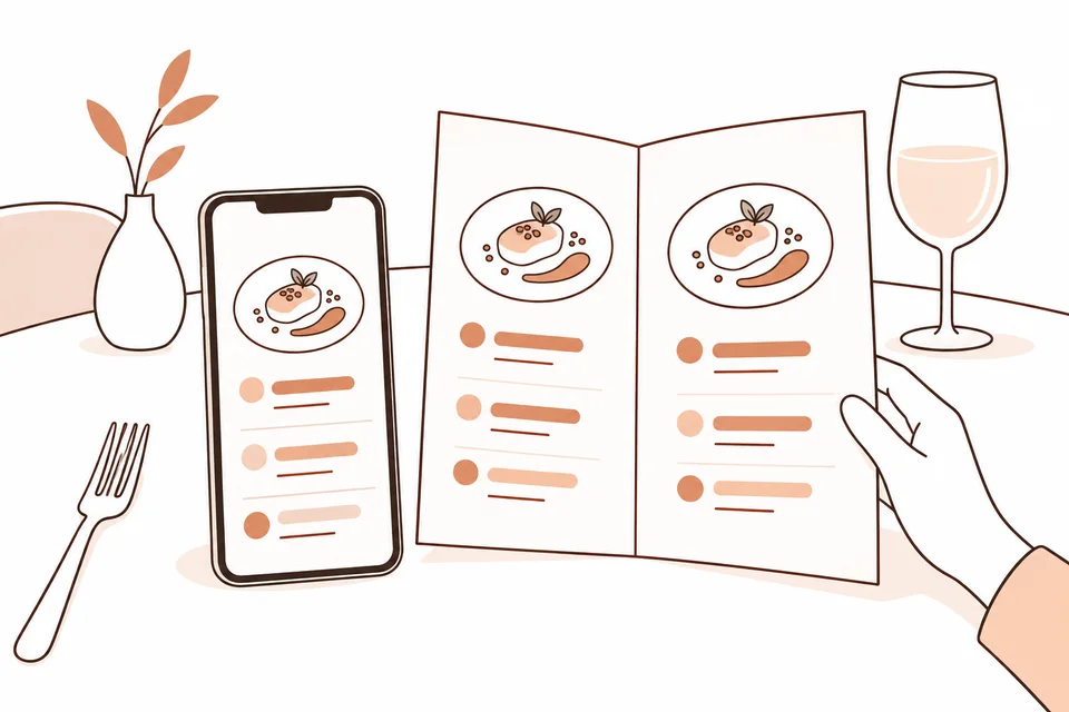 Menú digital en un móvil y menú impreso sobre una mesa puesta