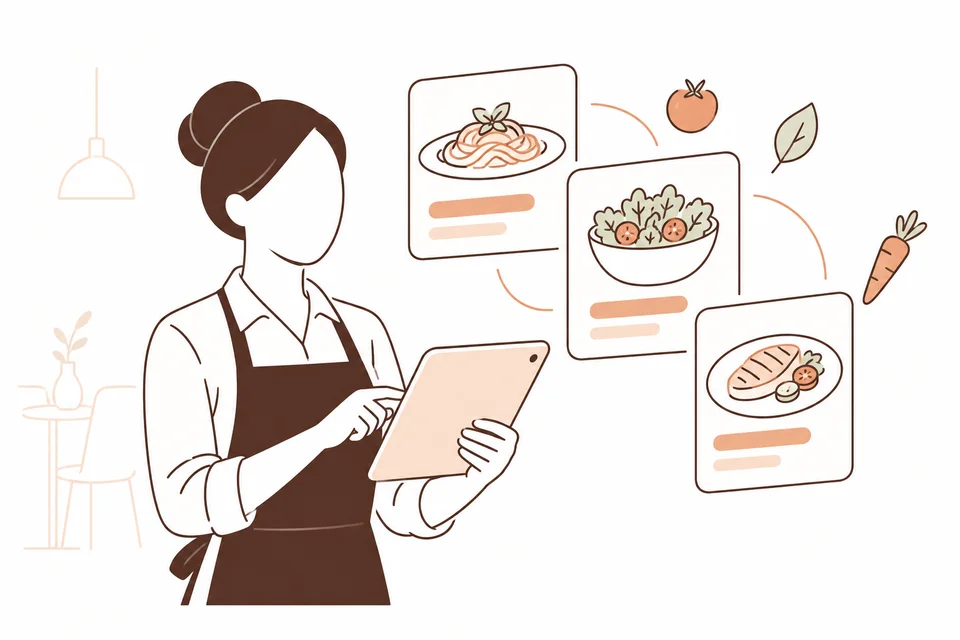 Responsable del restaurante estilizada con una tableta, ingredientes y fichas de platos