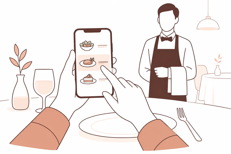 Manos que consultan un menú digital en la mesa, con un camarero estilizado