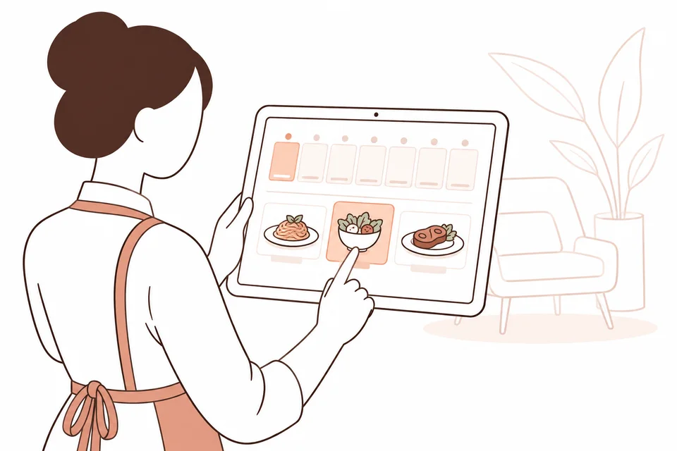 Client choisissant les plats du dîner sur une tablette dans le hall