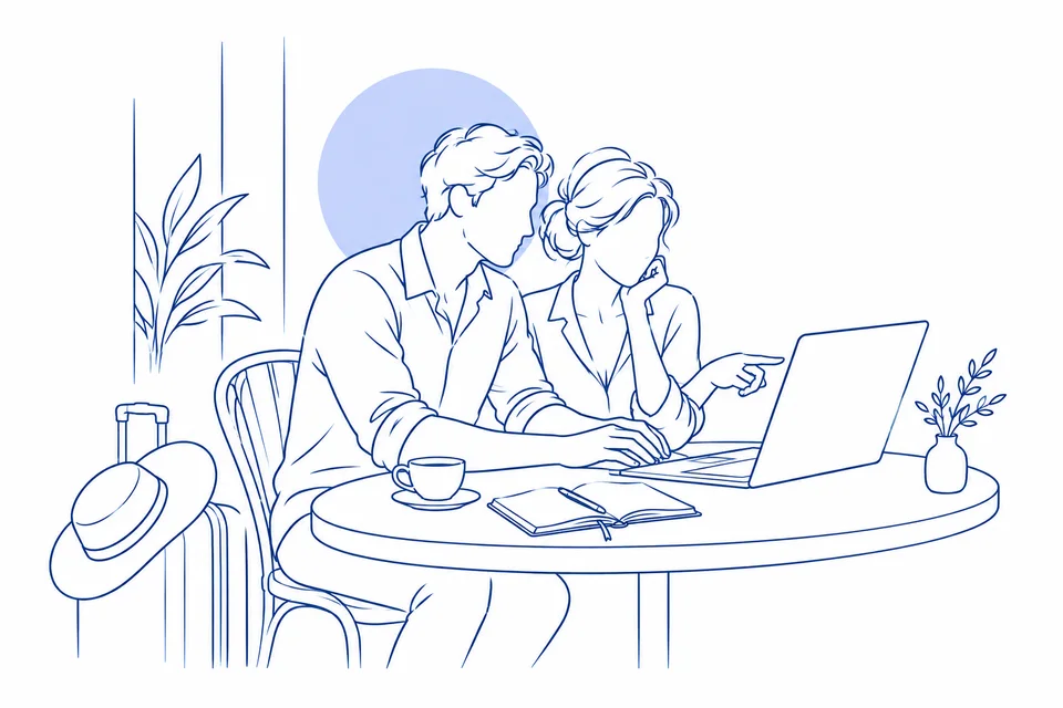 Ilustración de líneas de una pareja que planifica una estancia consultando la web de un establecimiento en el ordenador