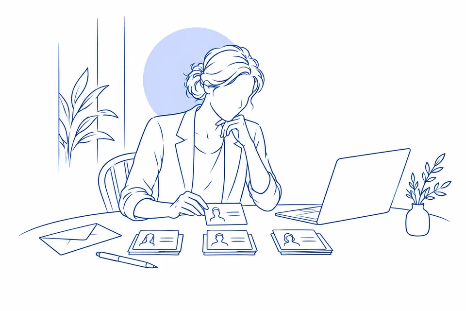 Ilustración lineal de una profesional del hotel que organiza grupos de fichas de huéspedes para preparar comunicaciones dirigidas