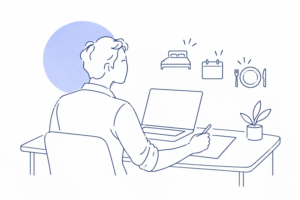 Line illustration of a staff member preparing a stay proposal, with room, date and dining symbols