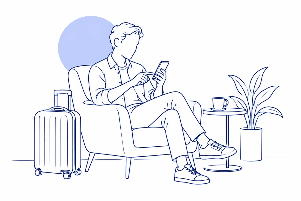 Ilustración a trazos de un huésped preparando el check-in desde el móvil antes de salir, con la maleta al lado