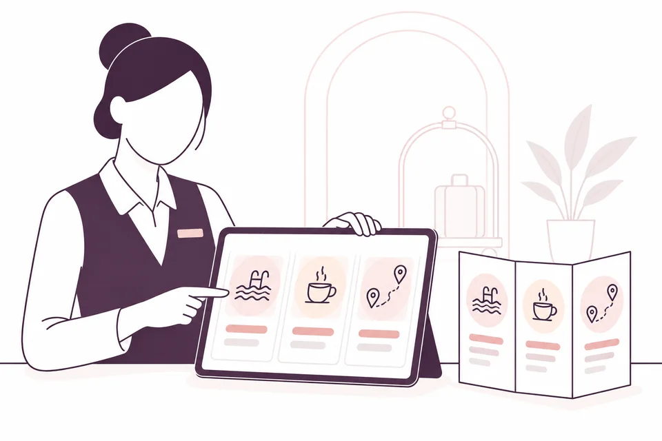 Recepcionista ilustrada que presenta una tableta con servicios y lugares del entorno, junto a una guía para huéspedes
