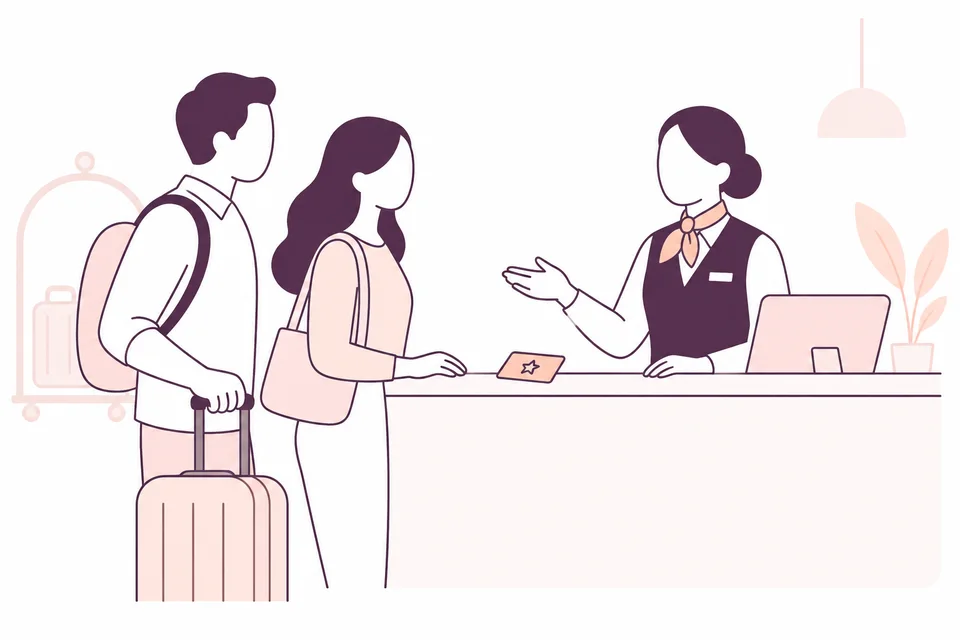 Ilustración de una pareja de huéspedes recibida a su regreso al hotel, con una tarjeta de fidelización en el mostrador