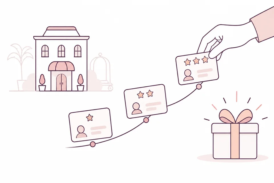 A loyalty journey with a hotel, tier cards and a reward