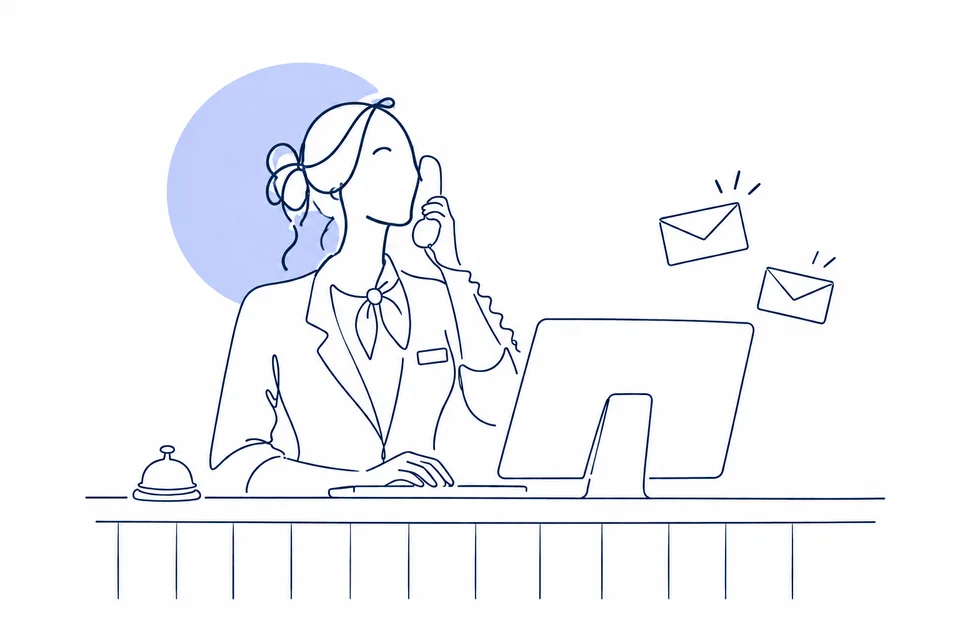 Ilustración lineal de una recepcionista entre el teléfono y las solicitudes por email