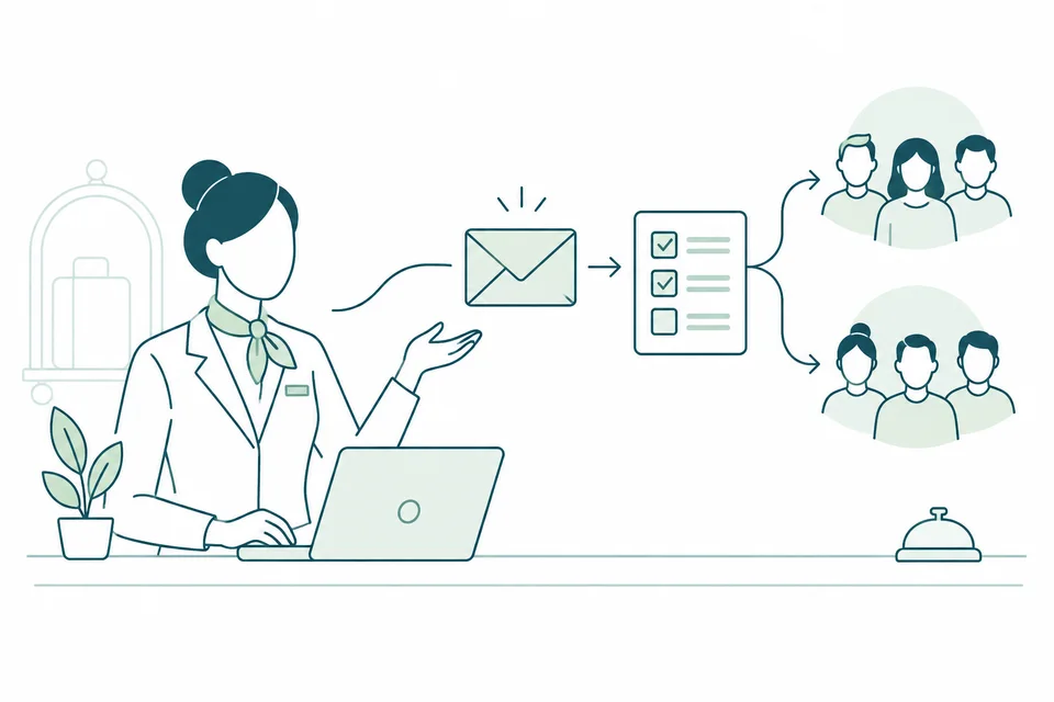 Receptionist with an email, a survey and guest groups connected in a journey
