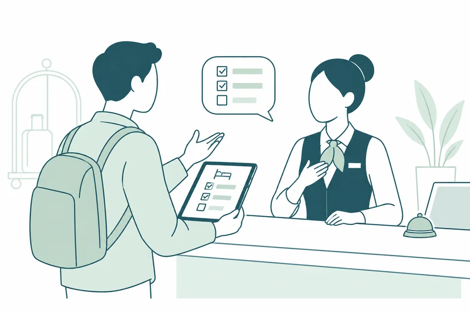 Huésped con tableta y recepcionista que escucha en el vestíbulo de un hotel