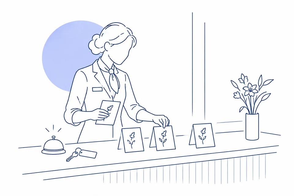 Ilustración lineal de una recepcionista que prepara mensajes de bienvenida con una imagen coherente en el mostrador del hotel