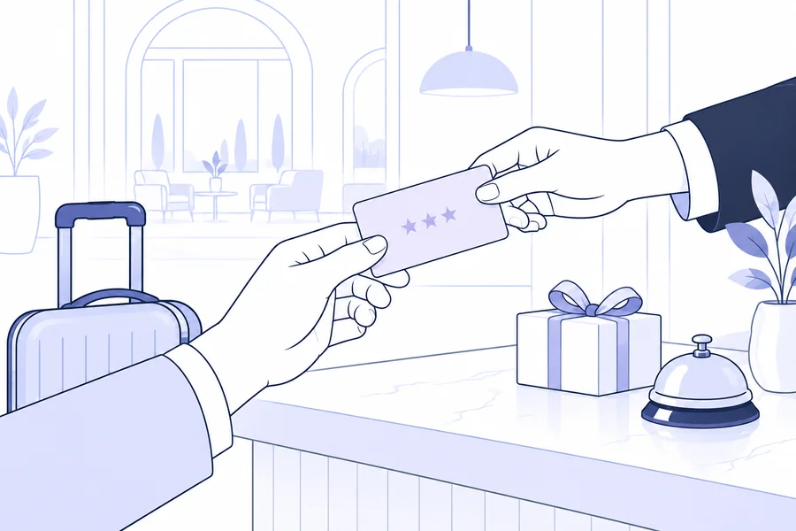 Entrega de una tarjeta de fidelización a un huésped, con maleta y un pequeño regalo