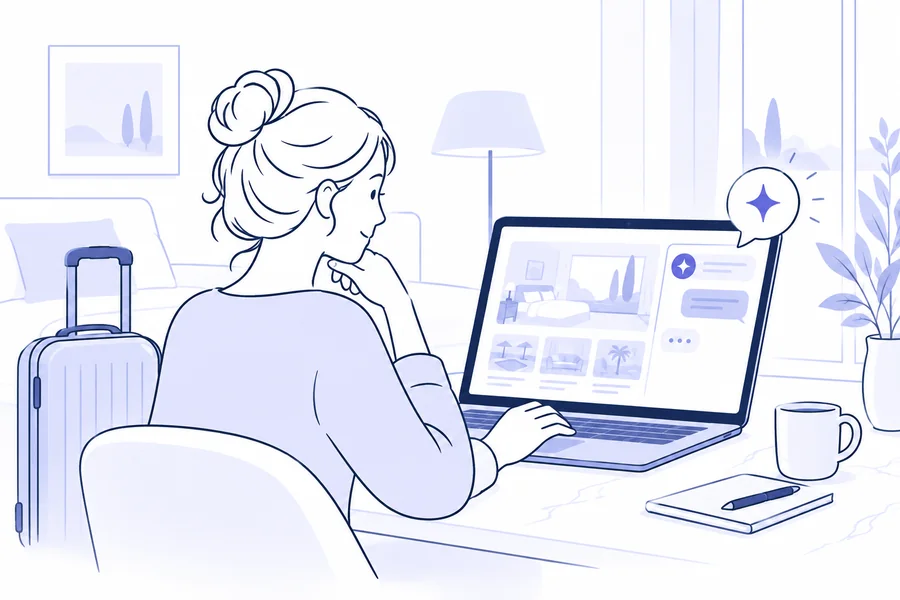 Viajera consultando la web de un hotel con asistente de chat en el portátil