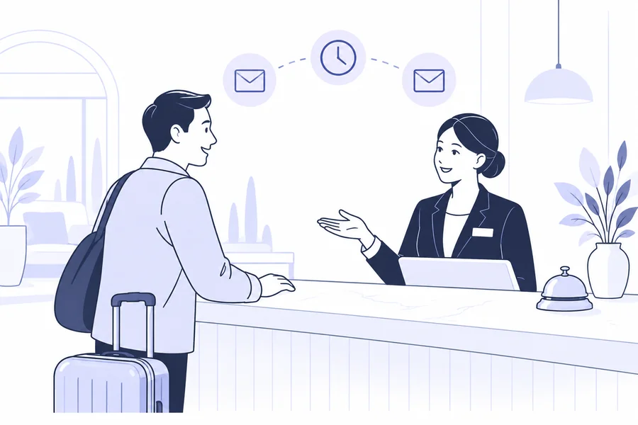 Recepcionista dando la bienvenida a un huésped, con símbolos de email y recordatorios