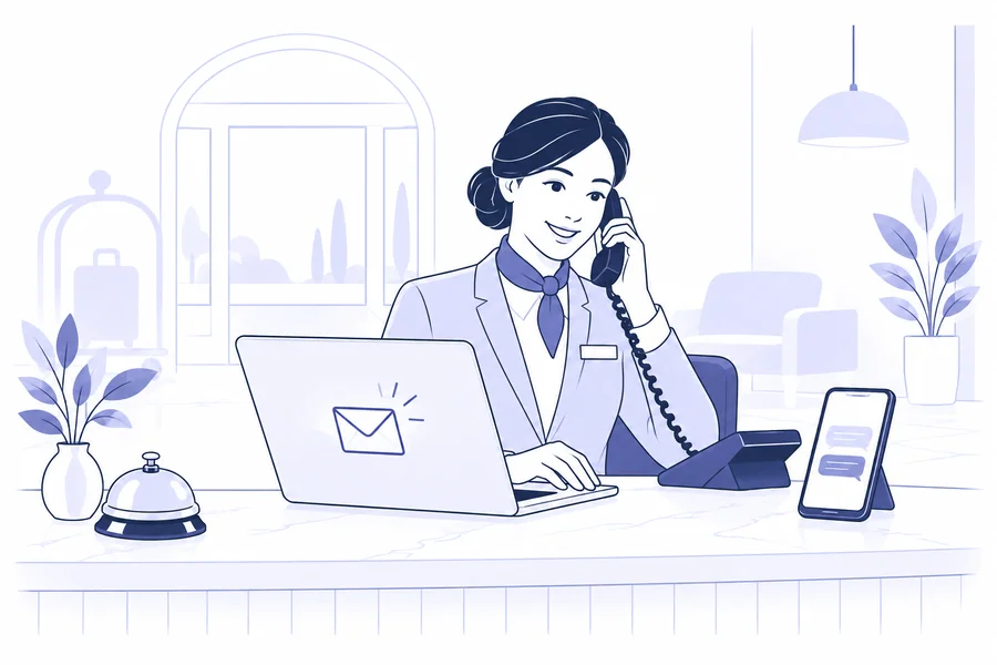 Recepcionista comunicándose con los huéspedes por teléfono, email y mensajes